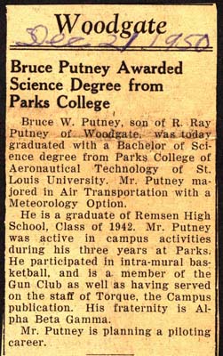 bruce putney awarded science degree from parks college december 1950