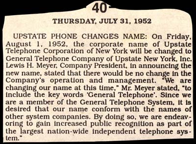 upstate telephone corp changes name to general telephone co august 1 1952
