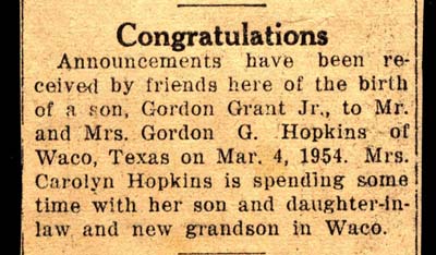gordon grant jr born to mr and mrs gordon g hopkins march 4 1954