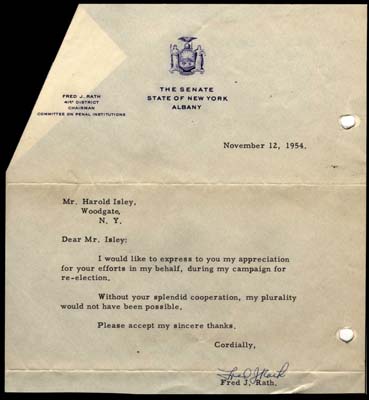 letter of thanks to john isley from fred j rath 41st district chairman november 12 1954