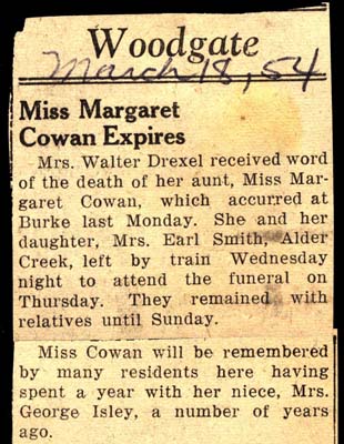 margaret cowan aunt of mrs george isley dies march 1954