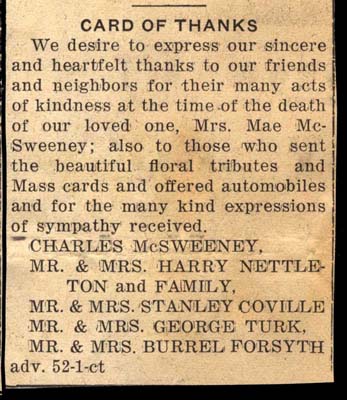 thanks from family of mae mcsweeney february 1955