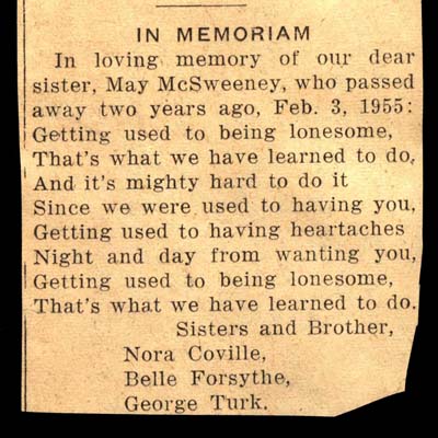 in memoriam may mcsweeney died february 3 1955