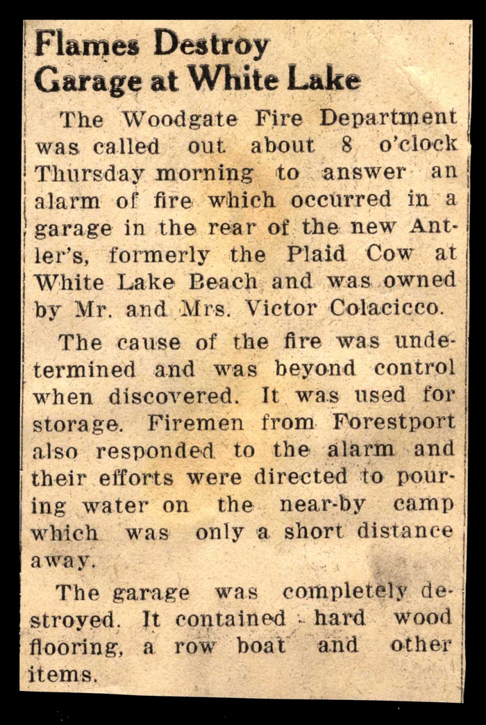 flames destroy colacicco garage at white lake december 1958