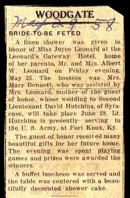joyce leonard engaged to lt david hutchins feted at shower may 23 1958