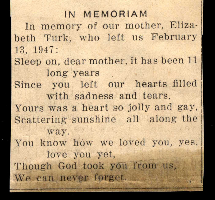 in memoriam elizabeth turk died february 13 1947