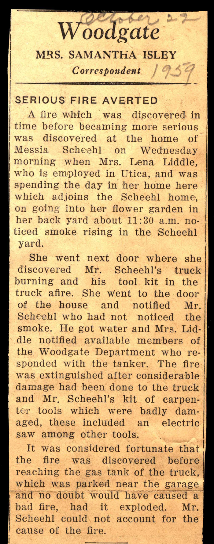 serious fire averted at home of messia scheehl october 1959