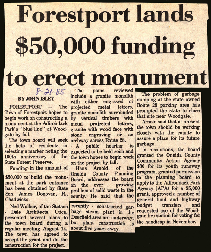 forestport lands 50 thousand dollars to erect monument august 21 1985