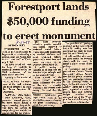forestport lands 50 thousand dollars to erect monument august 21 1985