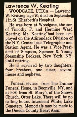 keating lawrence w son of timothy f and hermine ward keating obit september 1 1985