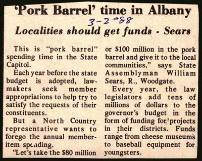 sears suggests albany pork barrel funds go to local communities march 2 1988