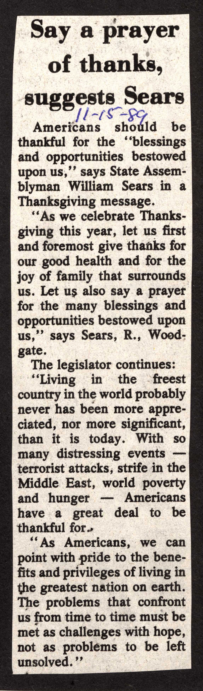 say a prayer suggests sears at thanksgiving november 15 1989