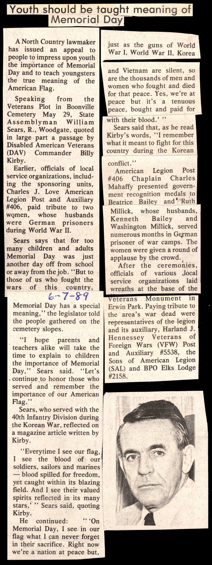 sears urges people to teach youth the importance of memorial day june 7 1989