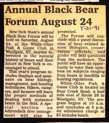 annual black bear forum held at white otter fish and game club august 21 1991