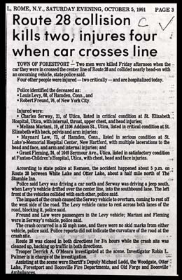 route 28 collision kills two injures four when car crosses line october 5 1991