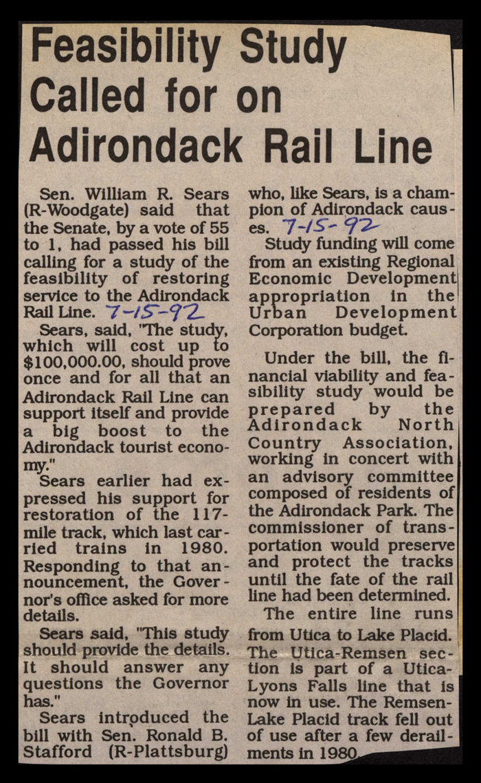 feasibility study called for on adirondack rail line july 15 1992