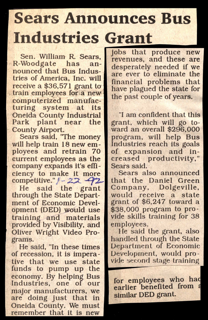 sears announces bus industries training grant january 22 1992
