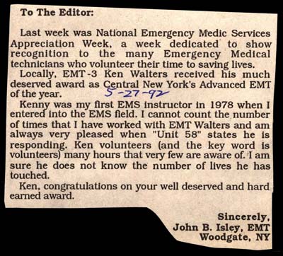 letter to editor from john isley in honor of ken walters service as emt may 27 1992