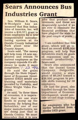 sears announces bus industries training grant january 22 1992