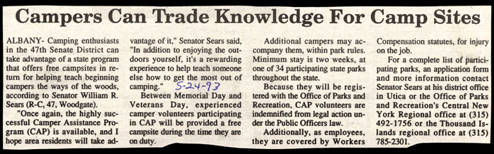 camper assistance program trades knowledge for campsites may 24 1993