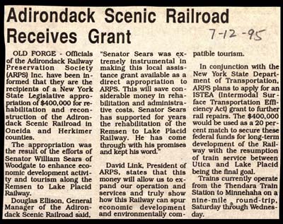 adirondack railroad receives grant july 12 1995