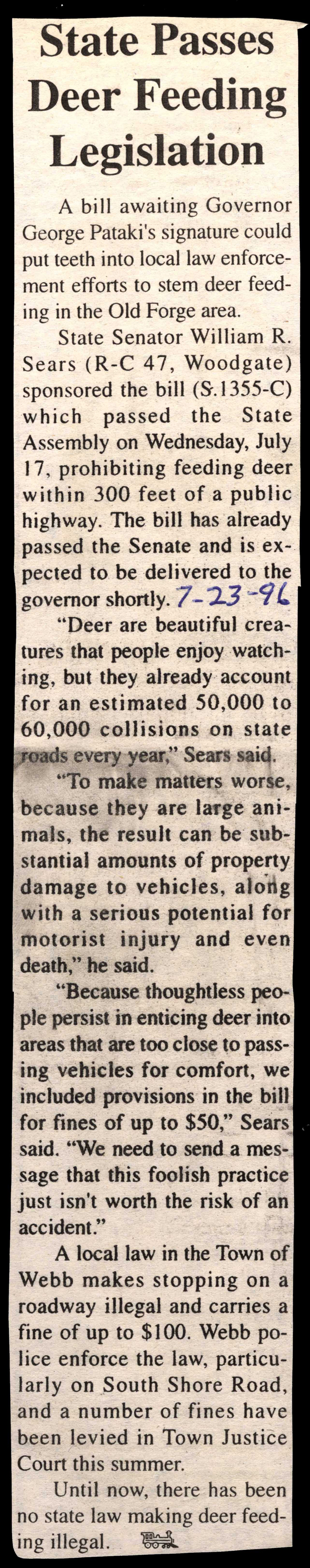 state passes deer feeding legislation july 17 1996