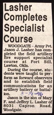 army pvt jason j lasher completes artillery course march 19 1996