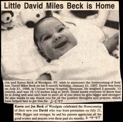 joe and karen beck announce homecoming of son david miles february 4 1997
